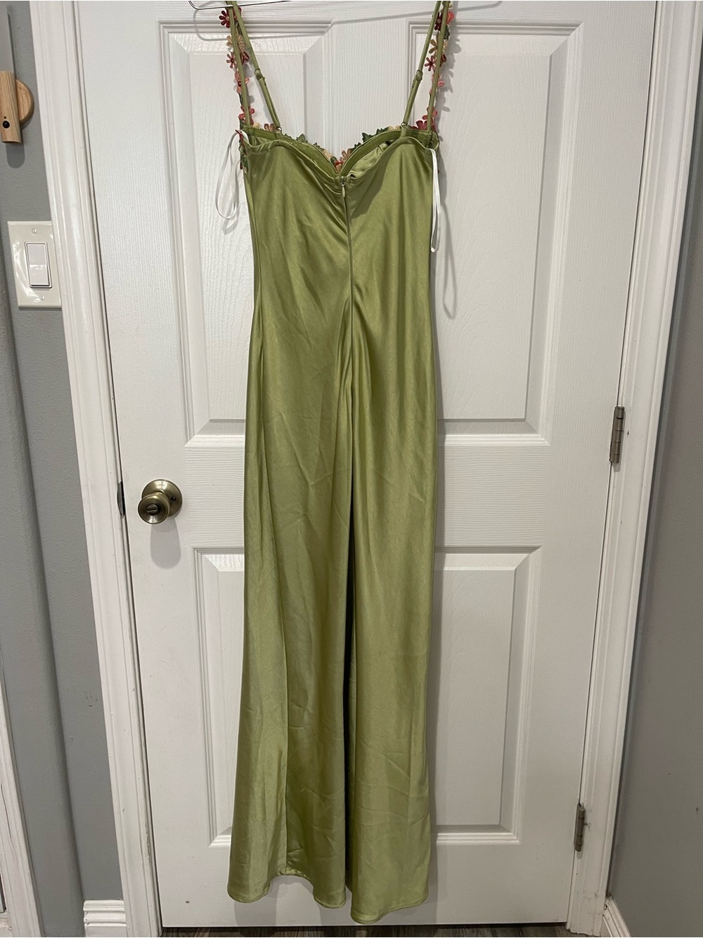 Princess Polly Olive Satin Maxi Dress with Floral Embroidered Bust - Picture 3 of 4